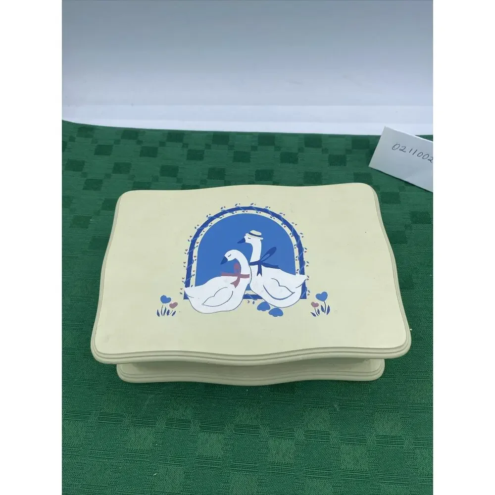 Yellow Wooden Jewelry Box W/Love Ducks On Top/Mirror & 3 Sections 7”x 5”x2.5